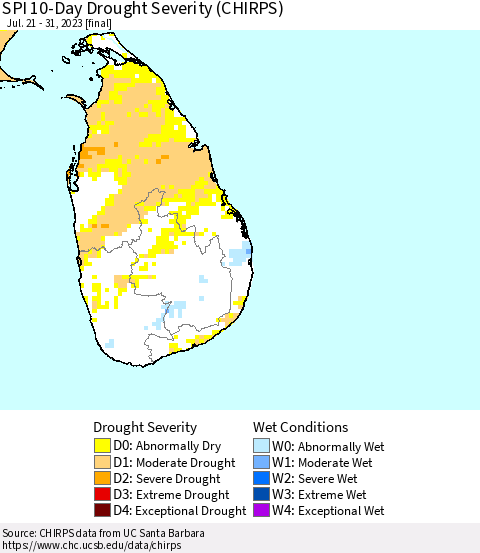 Sri Lanka SPI 10-Day Drought Severity (CHIRPS) Thematic Map For 7/21/2023 - 7/31/2023