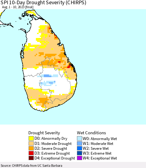 Sri Lanka SPI 10-Day Drought Severity (CHIRPS) Thematic Map For 8/1/2023 - 8/10/2023