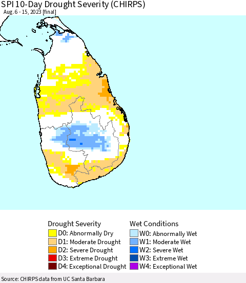 Sri Lanka SPI 10-Day Drought Severity (CHIRPS) Thematic Map For 8/6/2023 - 8/15/2023