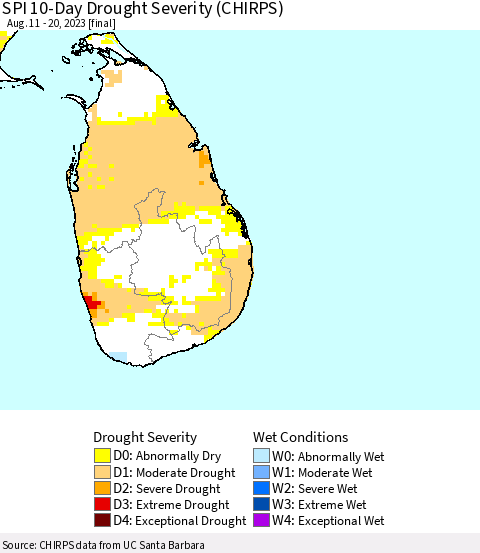 Sri Lanka SPI 10-Day Drought Severity (CHIRPS) Thematic Map For 8/11/2023 - 8/20/2023