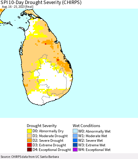 Sri Lanka SPI 10-Day Drought Severity (CHIRPS) Thematic Map For 8/16/2023 - 8/25/2023