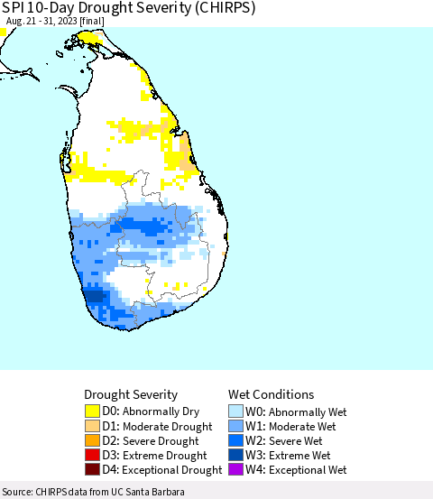Sri Lanka SPI 10-Day Drought Severity (CHIRPS) Thematic Map For 8/21/2023 - 8/31/2023
