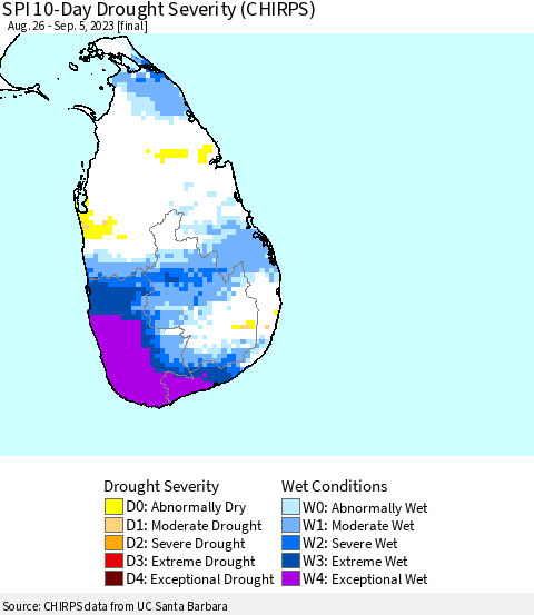 Sri Lanka SPI 10-Day Drought Severity (CHIRPS) Thematic Map For 8/26/2023 - 9/5/2023
