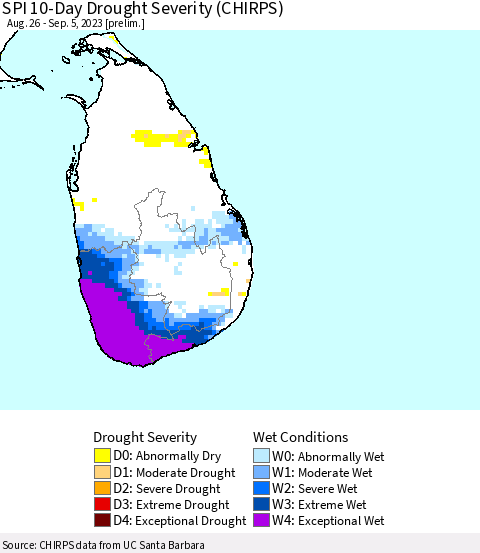 Sri Lanka SPI 10-Day Drought Severity (CHIRPS) Thematic Map For 8/26/2023 - 9/5/2023