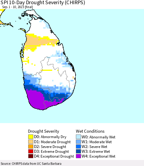 Sri Lanka SPI 10-Day Drought Severity (CHIRPS) Thematic Map For 9/1/2023 - 9/10/2023