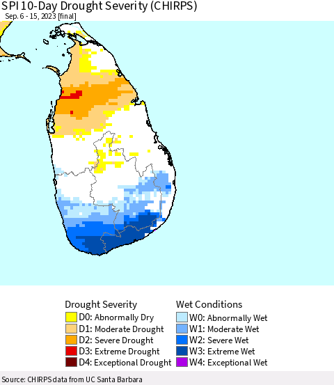 Sri Lanka SPI 10-Day Drought Severity (CHIRPS) Thematic Map For 9/6/2023 - 9/15/2023