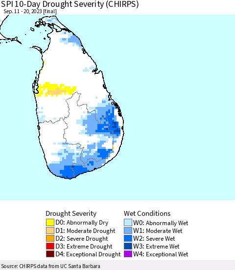 Sri Lanka SPI 10-Day Drought Severity (CHIRPS) Thematic Map For 9/11/2023 - 9/20/2023