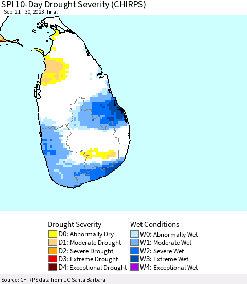 Sri Lanka SPI 10-Day Drought Severity (CHIRPS) Thematic Map For 9/21/2023 - 9/30/2023