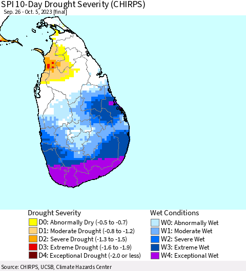 Sri Lanka SPI 10-Day Drought Severity (CHIRPS) Thematic Map For 9/26/2023 - 10/5/2023