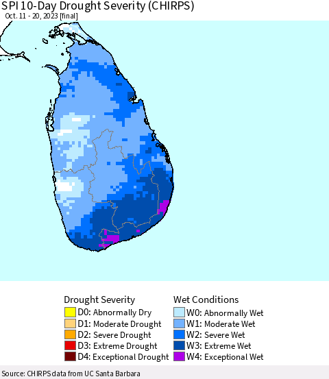 Sri Lanka SPI 10-Day Drought Severity (CHIRPS) Thematic Map For 10/11/2023 - 10/20/2023