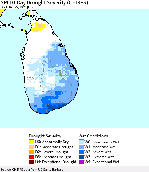 Sri Lanka SPI 10-Day Drought Severity (CHIRPS) Thematic Map For 10/16/2023 - 10/25/2023