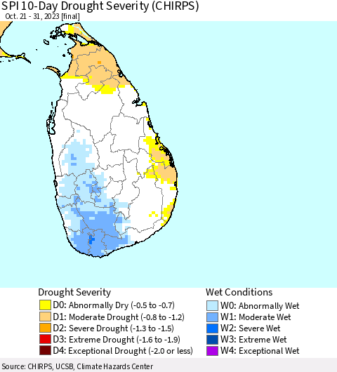 Sri Lanka SPI 10-Day Drought Severity (CHIRPS) Thematic Map For 10/21/2023 - 10/31/2023