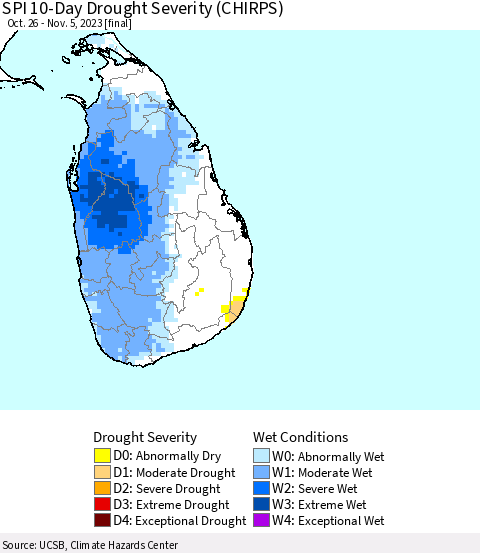 Sri Lanka SPI 10-Day Drought Severity (CHIRPS) Thematic Map For 10/26/2023 - 11/5/2023