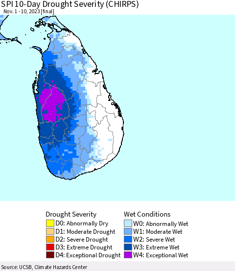 Sri Lanka SPI 10-Day Drought Severity (CHIRPS) Thematic Map For 11/1/2023 - 11/10/2023