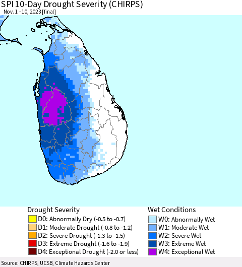 Sri Lanka SPI 10-Day Drought Severity (CHIRPS) Thematic Map For 11/1/2023 - 11/10/2023