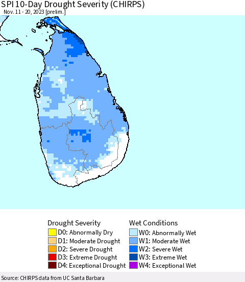 Sri Lanka SPI 10-Day Drought Severity (CHIRPS) Thematic Map For 11/11/2023 - 11/20/2023