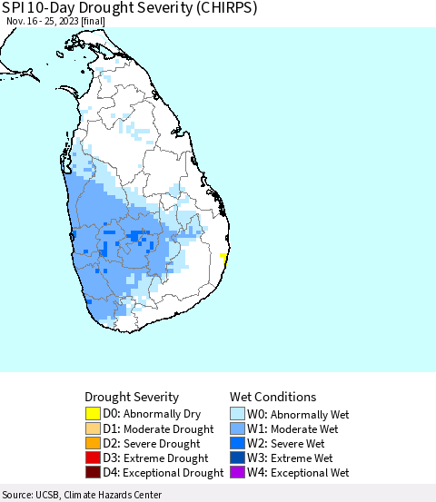 Sri Lanka SPI 10-Day Drought Severity (CHIRPS) Thematic Map For 11/16/2023 - 11/25/2023