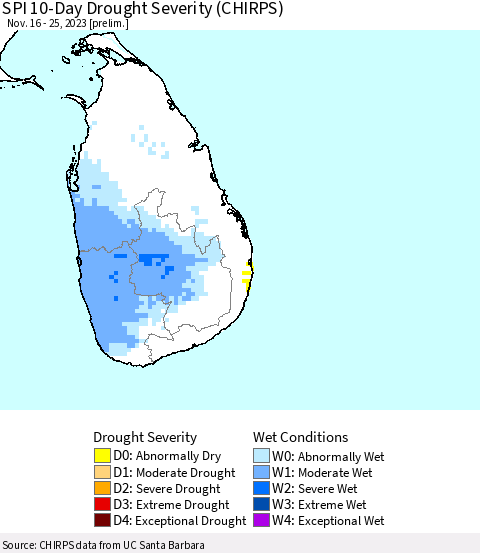 Sri Lanka SPI 10-Day Drought Severity (CHIRPS) Thematic Map For 11/16/2023 - 11/25/2023