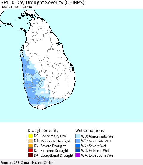 Sri Lanka SPI 10-Day Drought Severity (CHIRPS) Thematic Map For 11/21/2023 - 11/30/2023