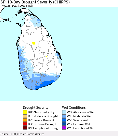Sri Lanka SPI 10-Day Drought Severity (CHIRPS) Thematic Map For 11/26/2023 - 12/5/2023