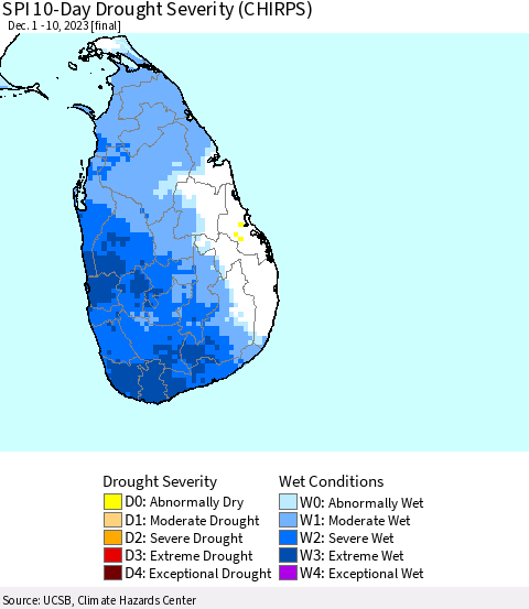 Sri Lanka SPI 10-Day Drought Severity (CHIRPS) Thematic Map For 12/1/2023 - 12/10/2023