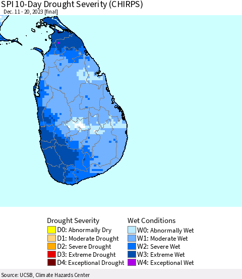 Sri Lanka SPI 10-Day Drought Severity (CHIRPS) Thematic Map For 12/11/2023 - 12/20/2023