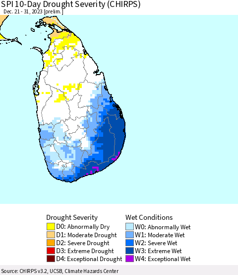 Sri Lanka SPI 10-Day Drought Severity (CHIRPS) Thematic Map For 12/21/2023 - 12/31/2023