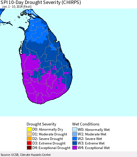 Sri Lanka SPI 10-Day Drought Severity (CHIRPS) Thematic Map For 1/1/2024 - 1/10/2024