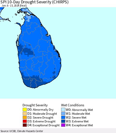 Sri Lanka SPI 10-Day Drought Severity (CHIRPS) Thematic Map For 1/6/2024 - 1/15/2024
