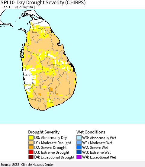 Sri Lanka SPI 10-Day Drought Severity (CHIRPS) Thematic Map For 1/11/2024 - 1/20/2024