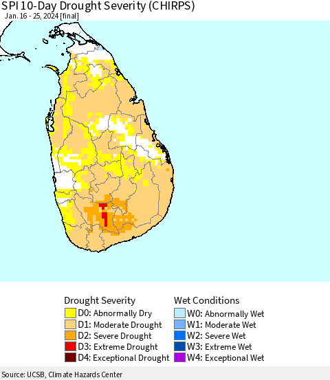 Sri Lanka SPI 10-Day Drought Severity (CHIRPS) Thematic Map For 1/16/2024 - 1/25/2024