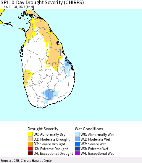 Sri Lanka SPI 10-Day Drought Severity (CHIRPS) Thematic Map For 1/21/2024 - 1/31/2024