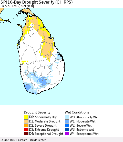 Sri Lanka SPI 10-Day Drought Severity (CHIRPS) Thematic Map For 1/26/2024 - 2/5/2024