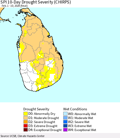 Sri Lanka SPI 10-Day Drought Severity (CHIRPS) Thematic Map For 2/1/2024 - 2/10/2024