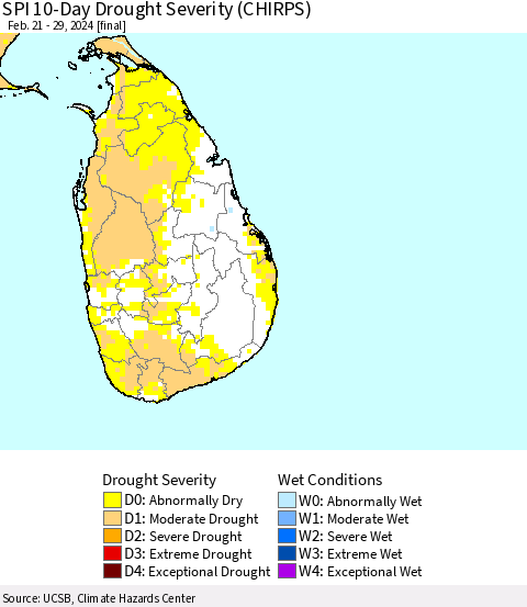 Sri Lanka SPI 10-Day Drought Severity (CHIRPS) Thematic Map For 2/21/2024 - 2/29/2024