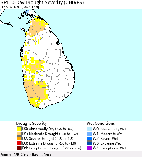 Sri Lanka SPI 10-Day Drought Severity (CHIRPS) Thematic Map For 2/26/2024 - 3/5/2024