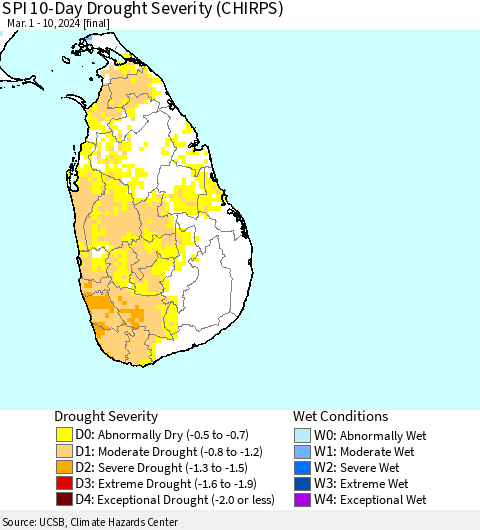 Sri Lanka SPI 10-Day Drought Severity (CHIRPS) Thematic Map For 3/1/2024 - 3/10/2024