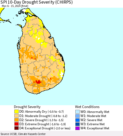 Sri Lanka SPI 10-Day Drought Severity (CHIRPS) Thematic Map For 3/6/2024 - 3/15/2024