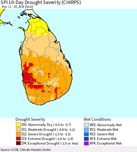 Sri Lanka SPI 10-Day Drought Severity (CHIRPS) Thematic Map For 3/11/2024 - 3/20/2024