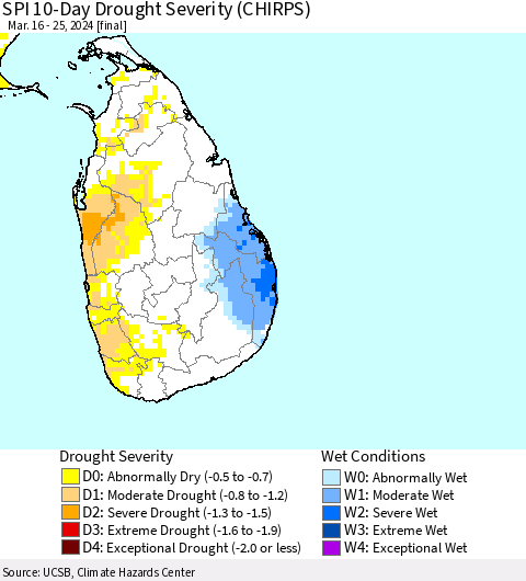 Sri Lanka SPI 10-Day Drought Severity (CHIRPS) Thematic Map For 3/16/2024 - 3/25/2024