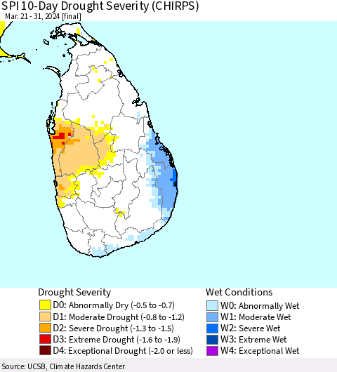 Sri Lanka SPI 10-Day Drought Severity (CHIRPS) Thematic Map For 3/21/2024 - 3/31/2024