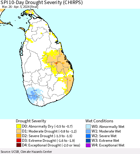 Sri Lanka SPI 10-Day Drought Severity (CHIRPS) Thematic Map For 3/26/2024 - 4/5/2024