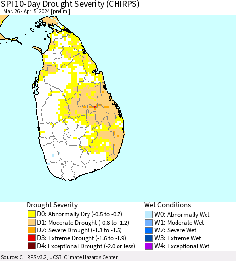 Sri Lanka SPI 10-Day Drought Severity (CHIRPS) Thematic Map For 3/26/2024 - 4/5/2024