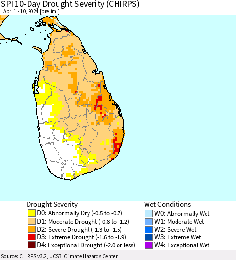Sri Lanka SPI 10-Day Drought Severity (CHIRPS) Thematic Map For 4/1/2024 - 4/10/2024