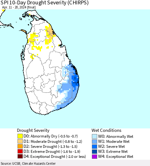 Sri Lanka SPI 10-Day Drought Severity (CHIRPS) Thematic Map For 4/11/2024 - 4/20/2024