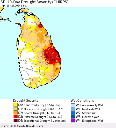 Sri Lanka SPI 10-Day Drought Severity (CHIRPS) Thematic Map For 4/16/2024 - 4/25/2024