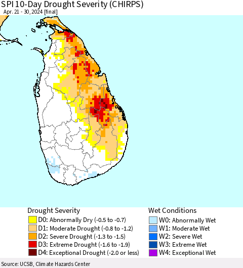 Sri Lanka SPI 10-Day Drought Severity (CHIRPS) Thematic Map For 4/21/2024 - 4/30/2024