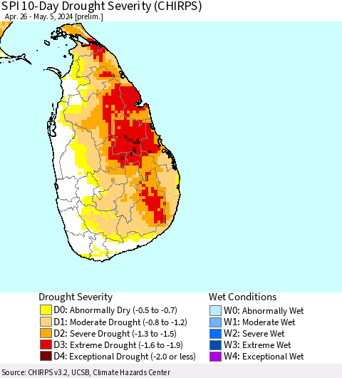 Sri Lanka SPI 10-Day Drought Severity (CHIRPS) Thematic Map For 4/26/2024 - 5/5/2024