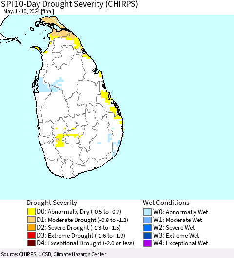 Sri Lanka SPI 10-Day Drought Severity (CHIRPS) Thematic Map For 5/1/2024 - 5/10/2024