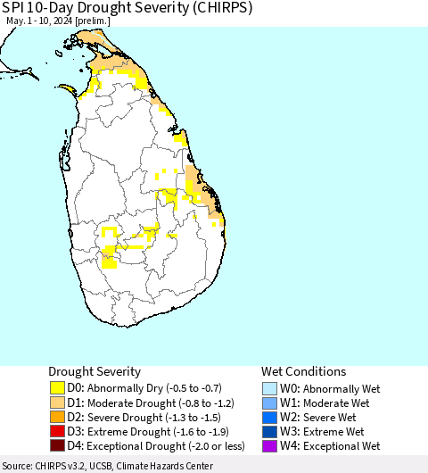 Sri Lanka SPI 10-Day Drought Severity (CHIRPS) Thematic Map For 5/1/2024 - 5/10/2024